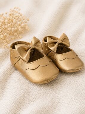 Baby Girl Gold Bow Shoes Soft Sole Mary Jane Flats Infant Toddler Flats